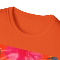 DOUBLE DAHLIA:  Vibrant dahlia inspired  Tie-Dye t-shirt, Unisex Softstyle Shirt, Summer Fashion Tee, Festival Wear, Retro Style Top, Casual Everyday Wear