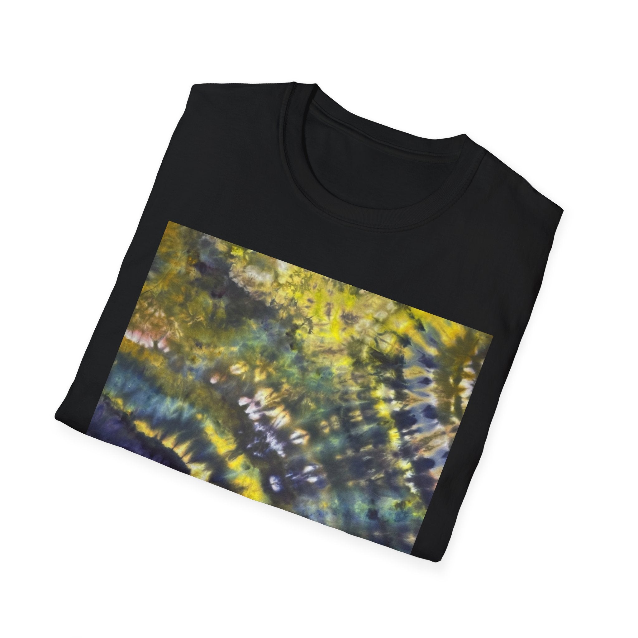 EVERGREEN TIDE: Smash stye tie dye, Vibrant Abstract Unisex Softstyle T-Shirt, Casual Wear, Art-Tee, Gift for Art Lovers, Unique Art Shirt, Dreamy Graphic T-Shirt