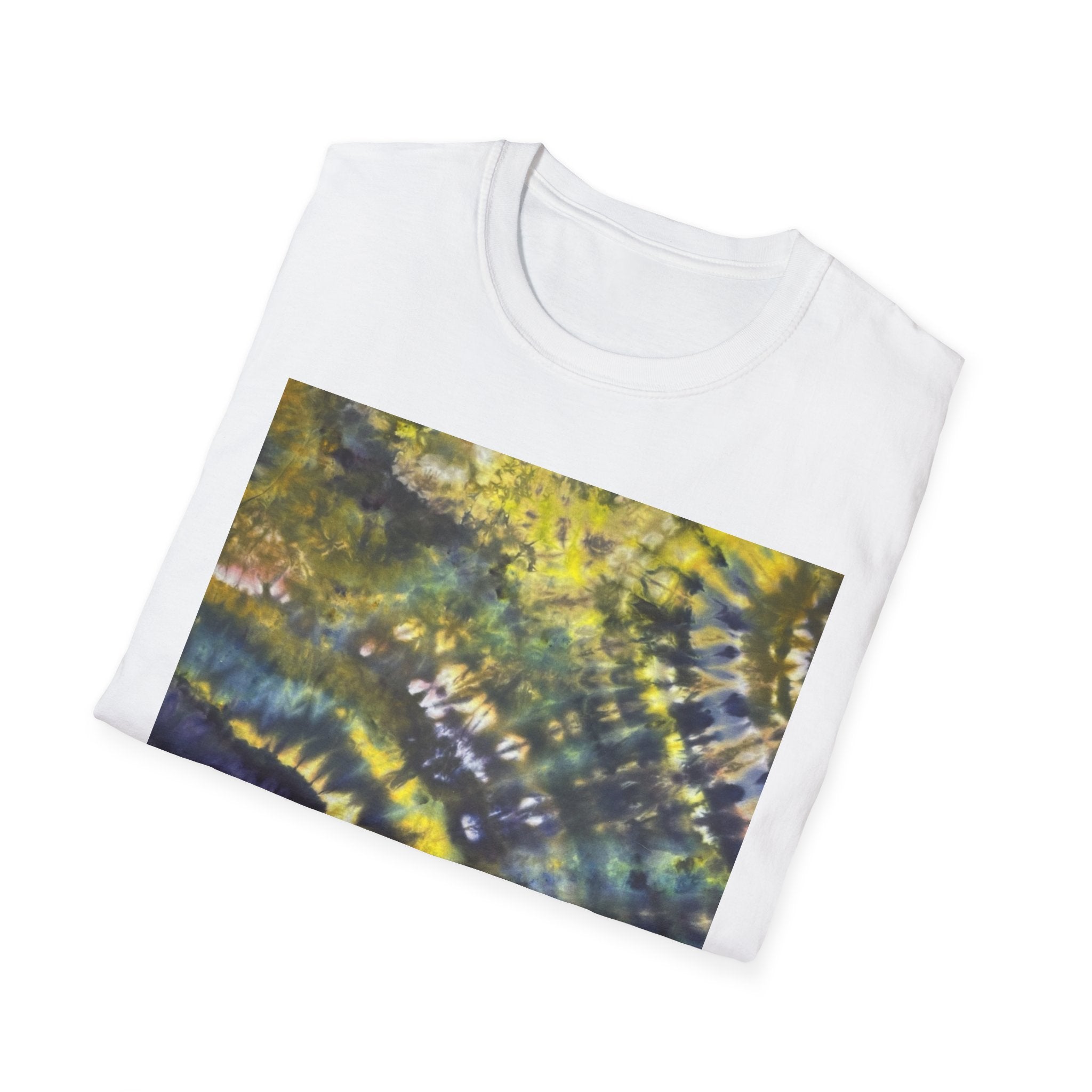 EVERGREEN TIDE: Smash stye tie dye, Vibrant Abstract Unisex Softstyle T-Shirt, Casual Wear, Art-Tee, Gift for Art Lovers, Unique Art Shirt, Dreamy Graphic T-Shirt
