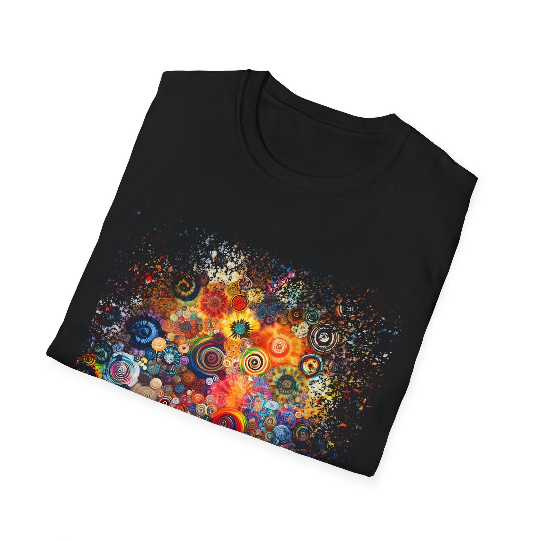 COMMOTION: Super Colorful multi-Swirl Design Unisex Softstyle T-Shirt, Bohemian Tee, Casual Wear, Festival Fashion, Gift for Art Lovers