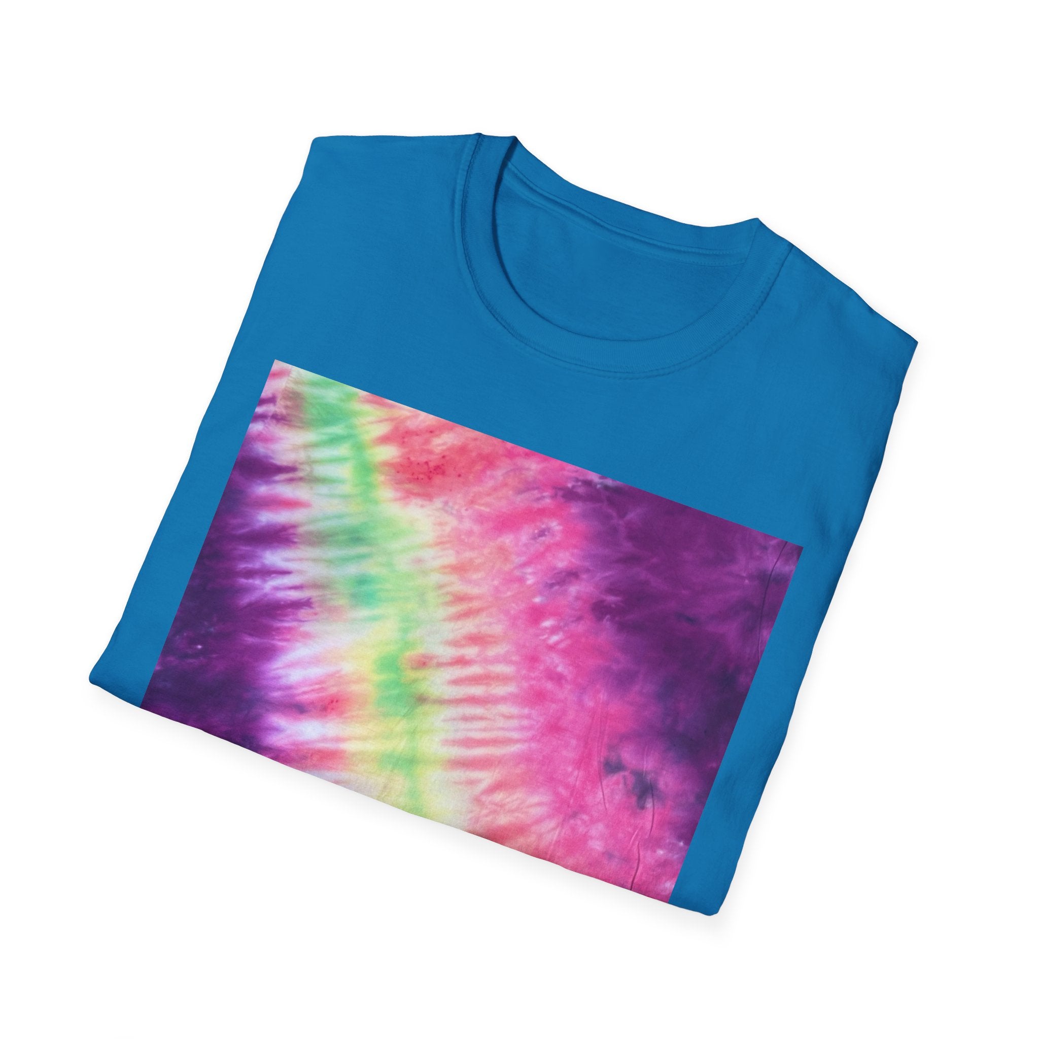 NEON DISCOVERY:  Sky zone, Vibrant Tie-Dye Unisex Softstyle T-Shirt - Trendy Casual Wear, Summer Festivals, Gifts for Friends, Retro Vibe, Unisex Tee