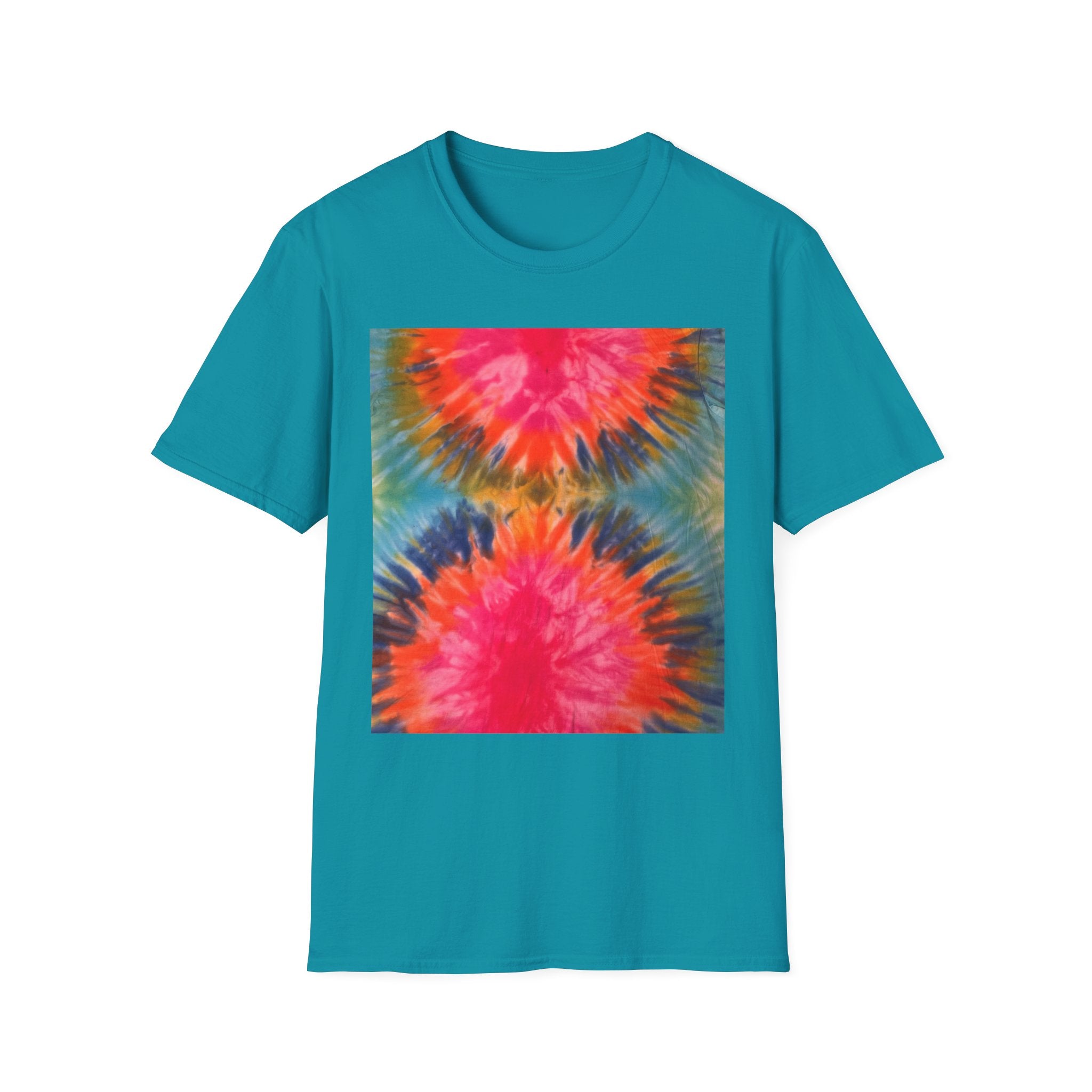 DOUBLE DAHLIA:  Vibrant dahlia inspired  Tie-Dye t-shirt, Unisex Softstyle Shirt, Summer Fashion Tee, Festival Wear, Retro Style Top, Casual Everyday Wear