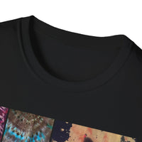 EQUITY: Bohemian Peace Graphic Tie Dye collage Tee, Unisex Softstyle T-Shirt, Tie-Dye Vibe Shirt, Festival Fashion, Relaxed Fit Top