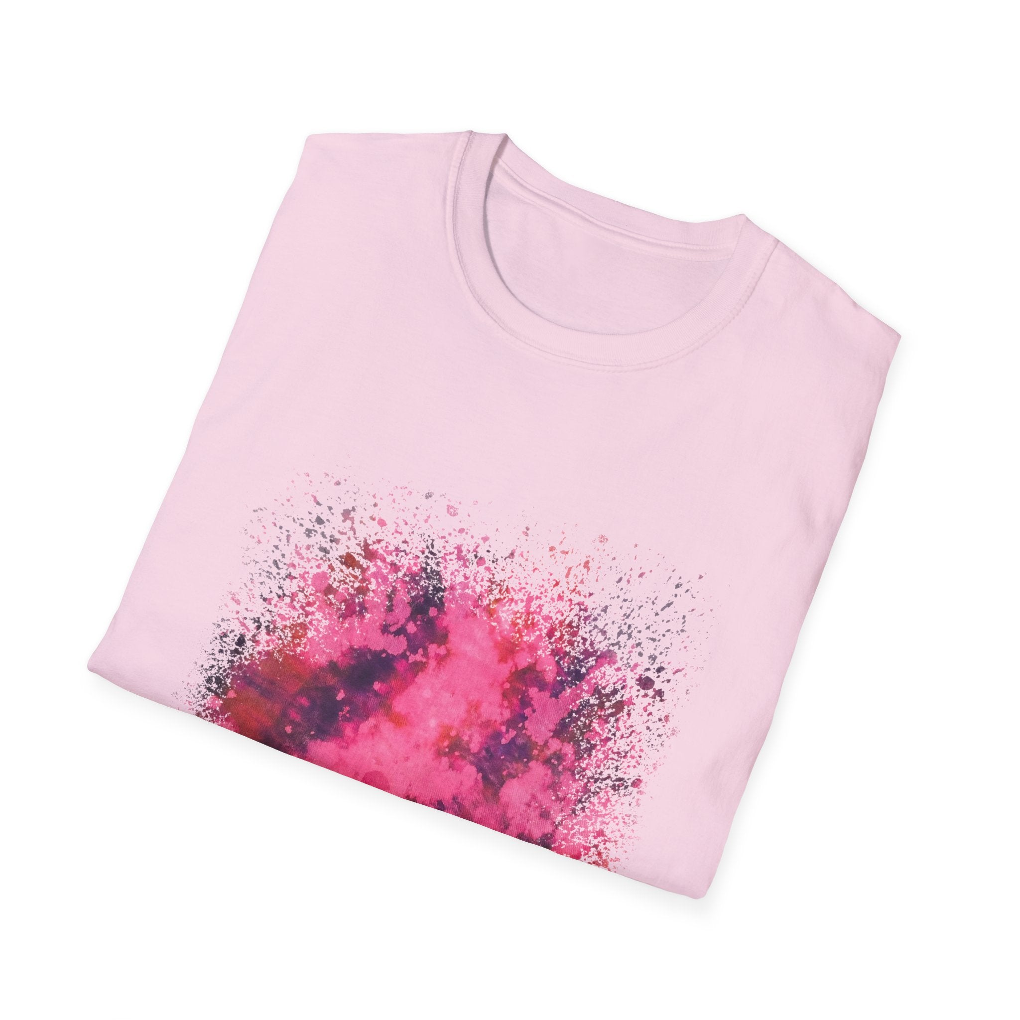 Magenta Madness 2:  Vibrant Splash T-Shirt: Unisex Softstyle, Art Enthusiast Gift, Casual Wear, Summer Apparel, Splash of Color, Vibrant Tee
