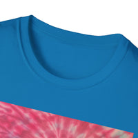 FLAMINGO:  Pink explosion! Colorful Tie-Dye Unisex Softstyle T-Shirt – Perfect for Festivals, Summer Vibes, Casual Outings, Gifts, and Everyday Wear