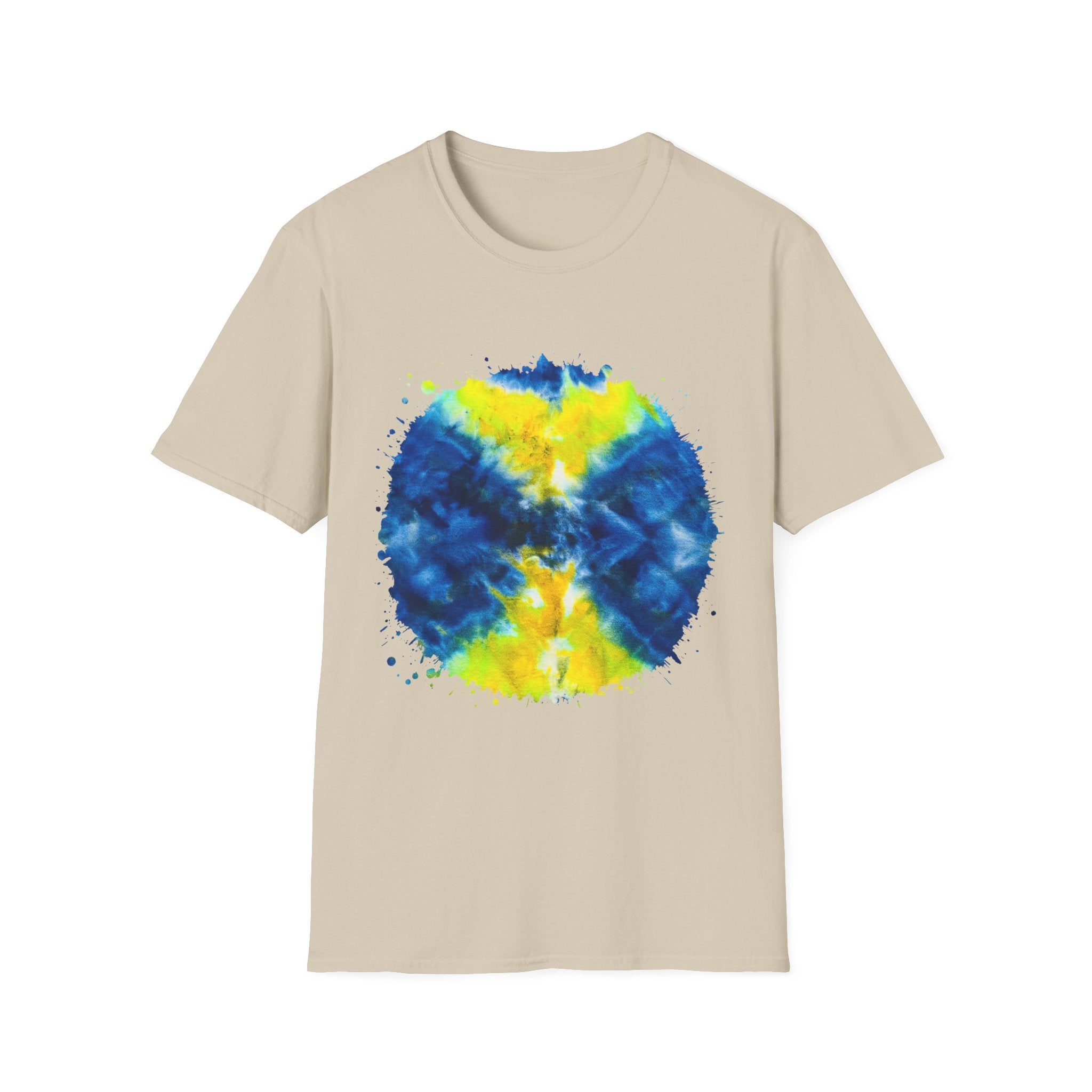 Zenith 2:  Tie-Dye Peace Circle Unisex Softstyle T-Shirt, Vibrant Summer Tee, Gift for Music Festivals, Casual Chic, Eco-Friendly Fashion