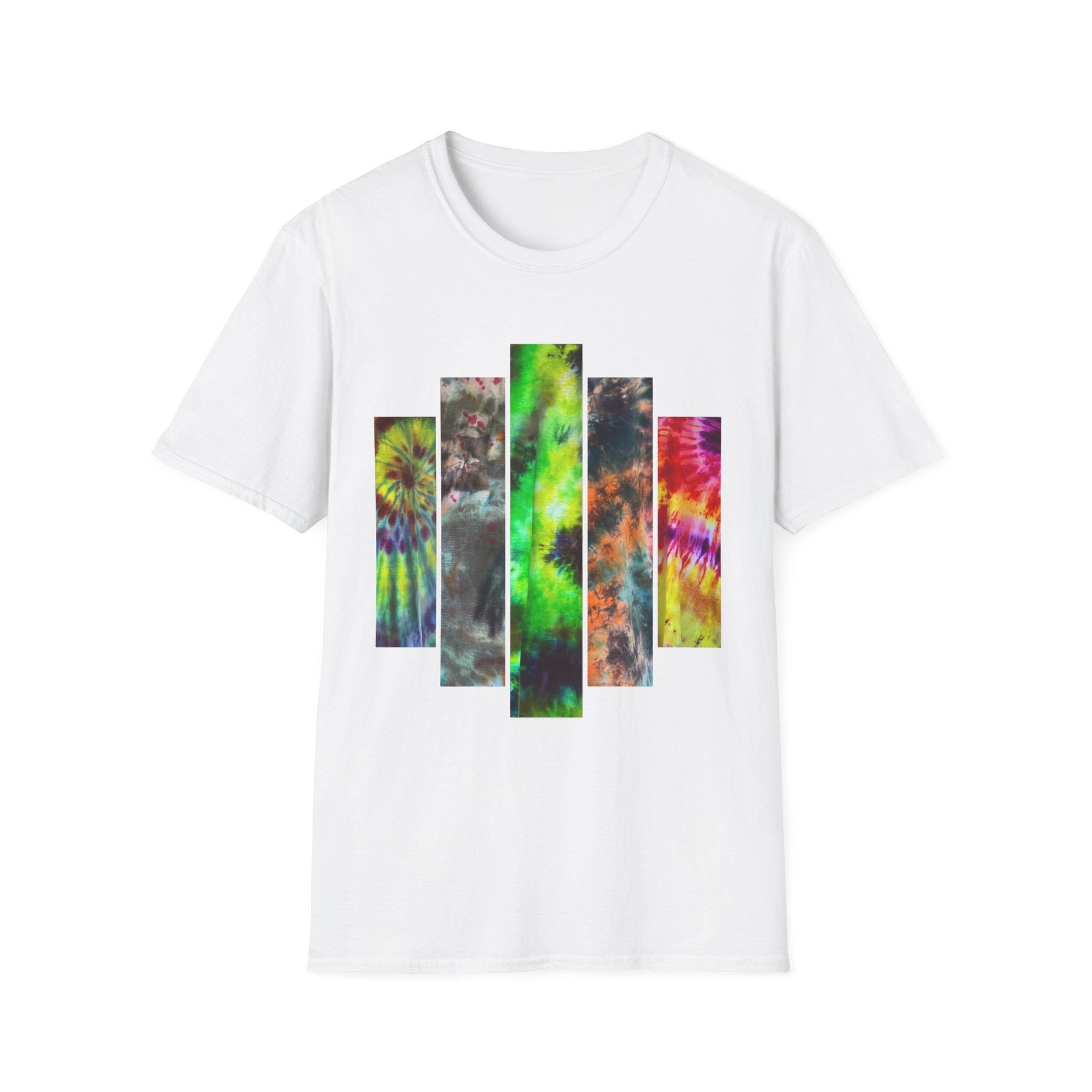 DYNAMO: Vibrant Tie-Dye collage Unisex Softstyle T-Shirt, Festival Wear, Casual Summer Top, Gift for Friends, Boho Style Tee, Colorful Graphic Tee