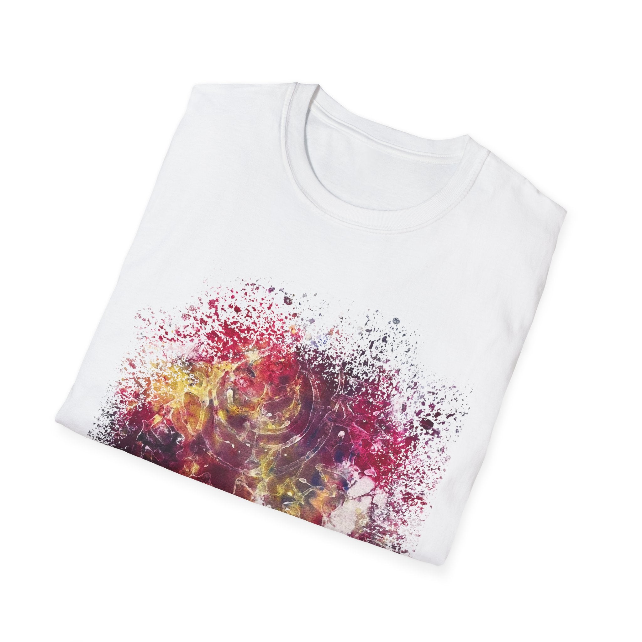 ENIGMA: Gritty, edgy Colorful Abstract Art Unisex Softstyle T-Shirt, Casual Graphic Tee, Gift for Art Lovers, Unique Printed Shirt, Summer Wear, Festival Apparel