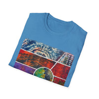 SUNSET TANGO: Vibrant Collage Tie-Dye T-Shirt, Bohemian Unisex Tee, Perfect for Festivals, Gifts, Summer Vibes, Art-Inspired Wear, Music Events