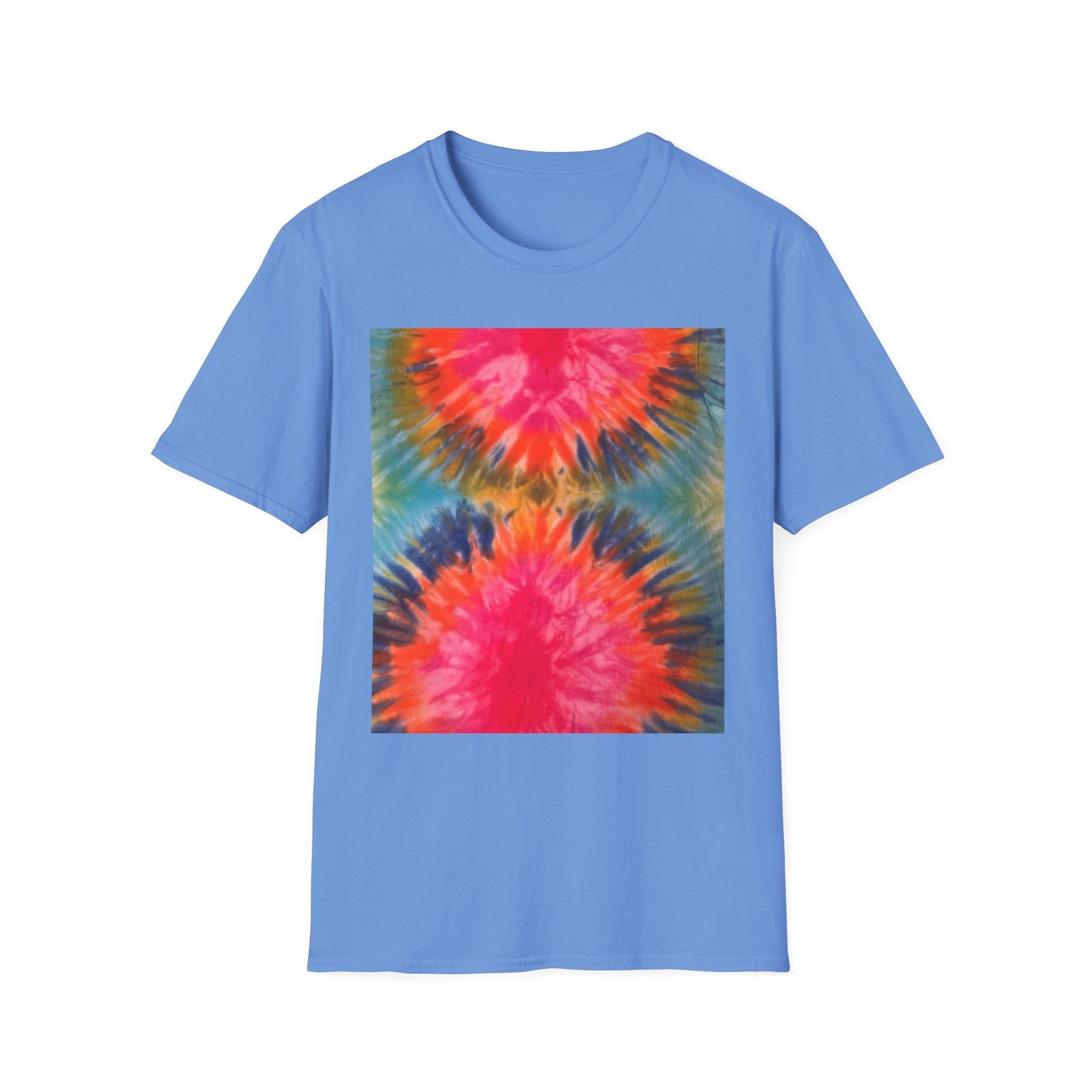 DOUBLE DAHLIA:  Vibrant dahlia inspired  Tie-Dye t-shirt, Unisex Softstyle Shirt, Summer Fashion Tee, Festival Wear, Retro Style Top, Casual Everyday Wear